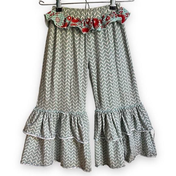 Mustard Pie Other - Mustard Pie Girl's Big Ruffles Green Chevron Floral Cotton Pull On Pants Size 4T